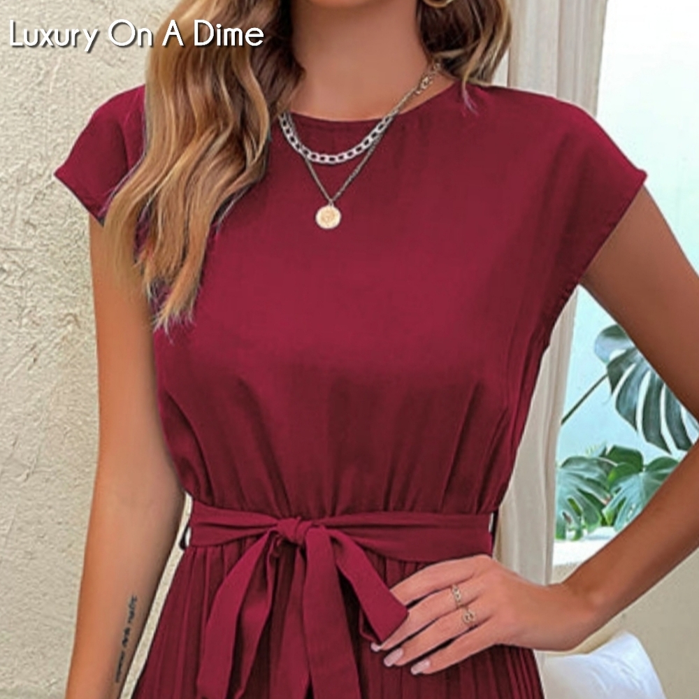 Retro Pleated Classy Modest Short Sleeve Knee Length Belted Midi Dress - Picture 4 of 12
